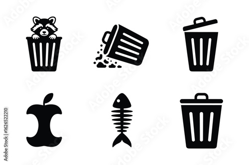 Raccoon in bin apple core and fish skeleton icons trash can