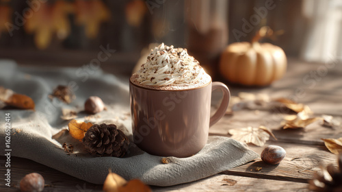 Wallpaper Mural Hot chocolate with whipped cream topped with chocolate shavings, surrounded by autumn leaves and pumpkins on a wooden table Torontodigital.ca