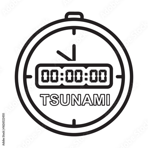 Tsunami warning countdown timer icon vector illustration. Black and white graphic symbol for emergency alert and natural disaster.