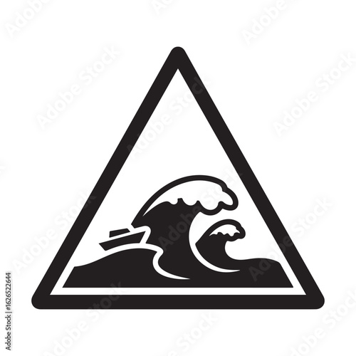Tsunami warning sign icon, a simple black and white vector illustration of a boat on large ocean waves inside a triangular frame, symbolizing natural disaster and danger.