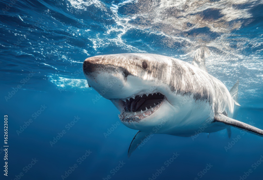 Naklejka premium Giant white shark with open mouth, underwater photography, ocean blue background