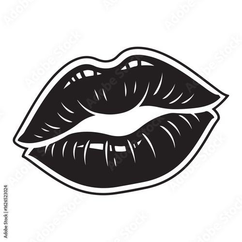 Stylish black and white vector illustration of a sensual mouth with lips in a kissing pose, a classic design element.