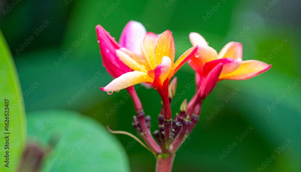Fototapeta premium A vibrant tropical flower blooms in soft morning light, dew drops glistening on petals, lush green background, crisp detail. 