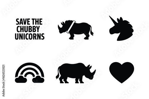 Save the chubby unicorns and rhinoceroses with rainbow and heart rhinoceros silhouette