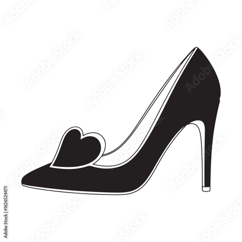 Black high-heeled pump shoe with elegant heart design, vector illustration on white background