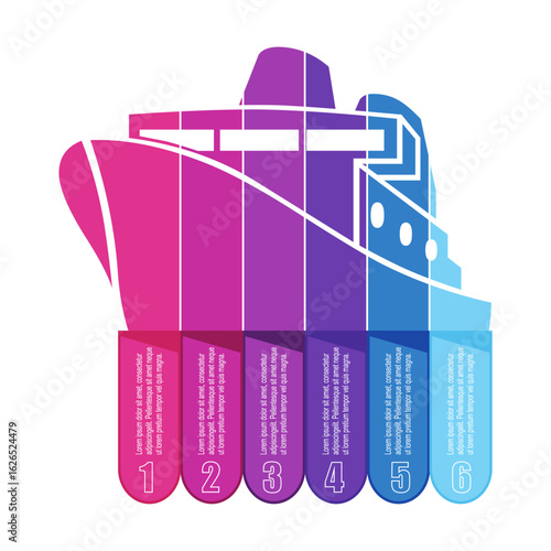 Ferry boat icon with six features or option of project to select. Minimal infographic illustration for business and transportation information visualization.