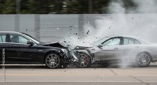 A head-on car crash with significant damage and shattering glass on a highway.