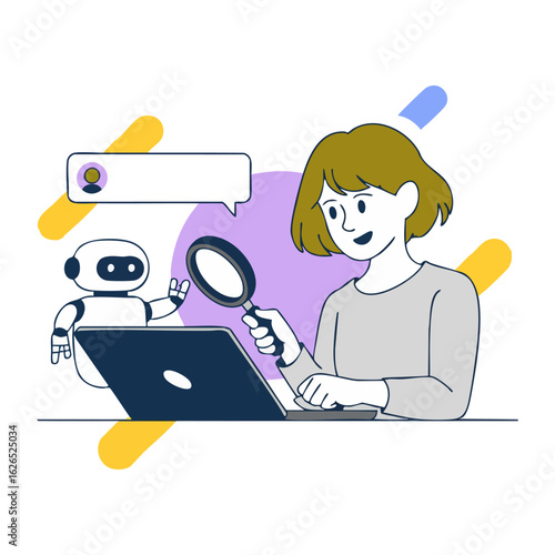 AI Assistant Analyzing Data on a Laptop with Magnifying Glass