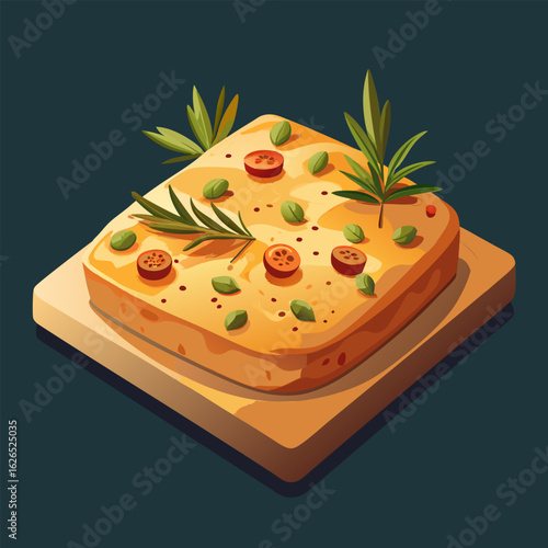 Focaccia with herbs and toppings displayed on a wooden cutting board. Artisan style focaccia with colorful toppings. presented for a culinary website or restaurant advertisement.