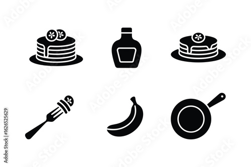 Stacked pancakes syrup bottle fork banana frying pan vector