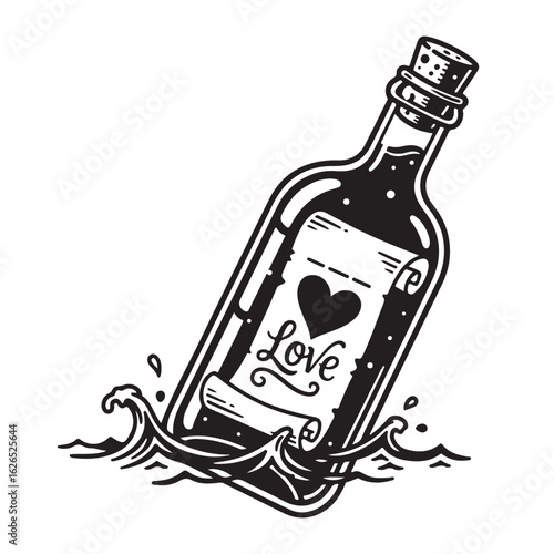 Classic black and white vector illustration of a message in a bottle with 'Love' text and a heart, floating on water.
