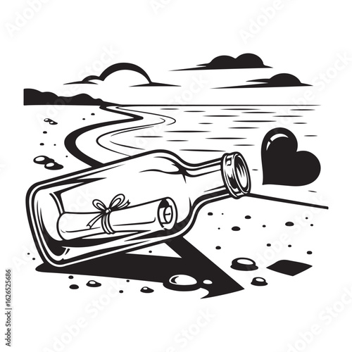 Black and white vector illustration of a message in a bottle on a sandy beach next to the ocean, with a heart and winding path, symbolizing love and communication.