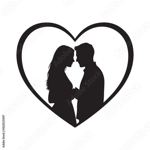 Black and white vector illustration of a loving couple silhouette in a heart shape, symbolizing romance and connection.