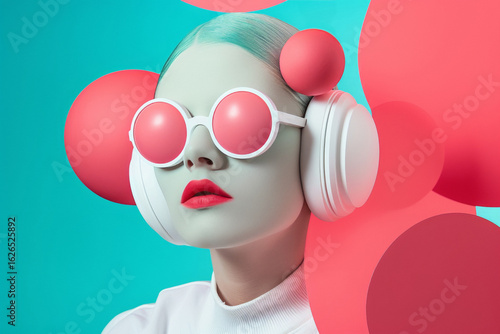 Futuristic woman with headphones and abstract shapes