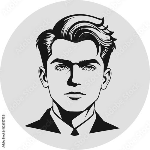 Elegant Profile: A classic monochrome illustration of a sharply dressed individual, their expressive eyes and coiffed hairstyle. a perfect blend of timeless style and refined persona