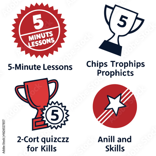 A collection of four stylized graphic icons featuring trophy, star, and lesson motifs with text labels below