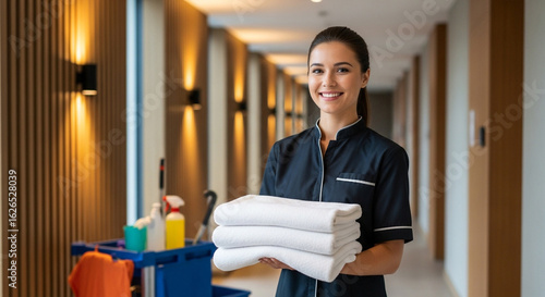 Happy hotel maid carries fresh white towels in a brightly lit hotel hallway.