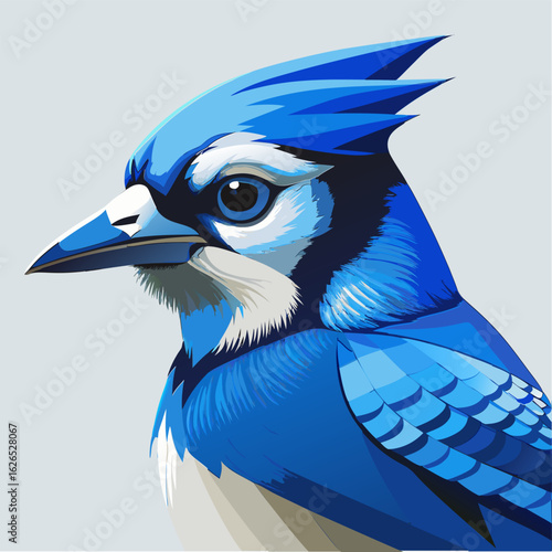 Blue Jay portrait in vibrant colors against a light gray background. Detailed avian subject with a close up view of the bird's head and upper body. showcasing intricate feather details.