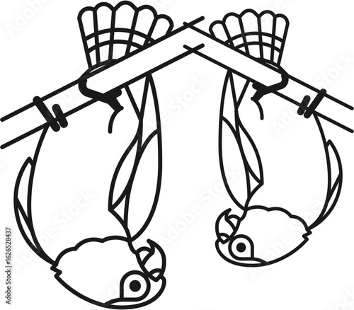 Two parrots hanging upside down on a branch in outline style , vector 