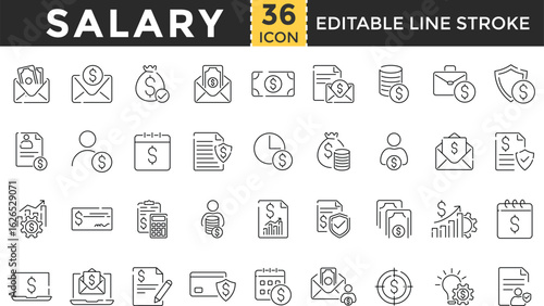 Salary Line Icon Set. Pixel Perfect and Outline Editable Stroke Icons collection for Taxes, Accounting, Cash, Paycheck, Payroll, Income, Compensation, Wage, Bonus, Deduction, and Payment