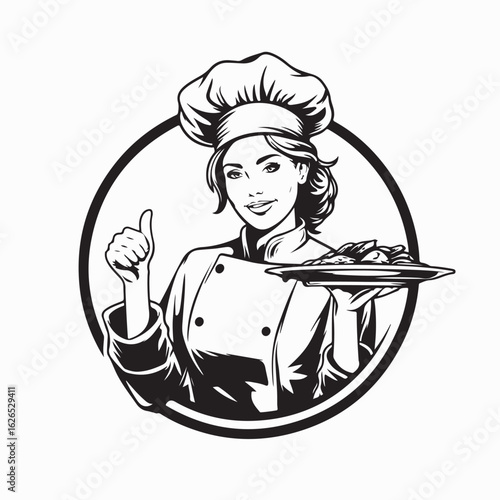 Woman Chef in Uniform and Hat Giving Thumbs Up Vector Image on white background