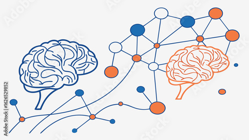 Illustration showing two brains connected by a network of nodes and lines in blue and orange color