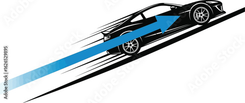 Sportscar driving uphill with blue arrow