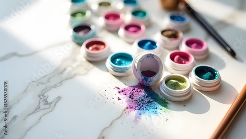 Vibrant pastel pigment powders spilled on marble surface;  sunlit beauty product flatlay.