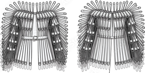 Safety pin armor fashion design, creative protective wear, avant-garde clothing style, detailed vector art, flat sketch CAD drawing