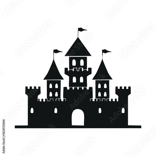 An elegant black silhouette of a fantasy castle. This iconic fortress features towers with flags and battlements, a classic symbol of royalty.