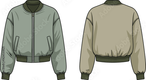 Stylish bomber jacket, front and back view, flat vector illustration, fashion cad drawing, green outerwear, apparel design, casual clothing