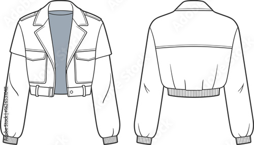 Stylish cropped jacket, front back view, fashion sketch, detailed garment drawing, outerwear vector, clothing CAD, lapel, belt, cuffs