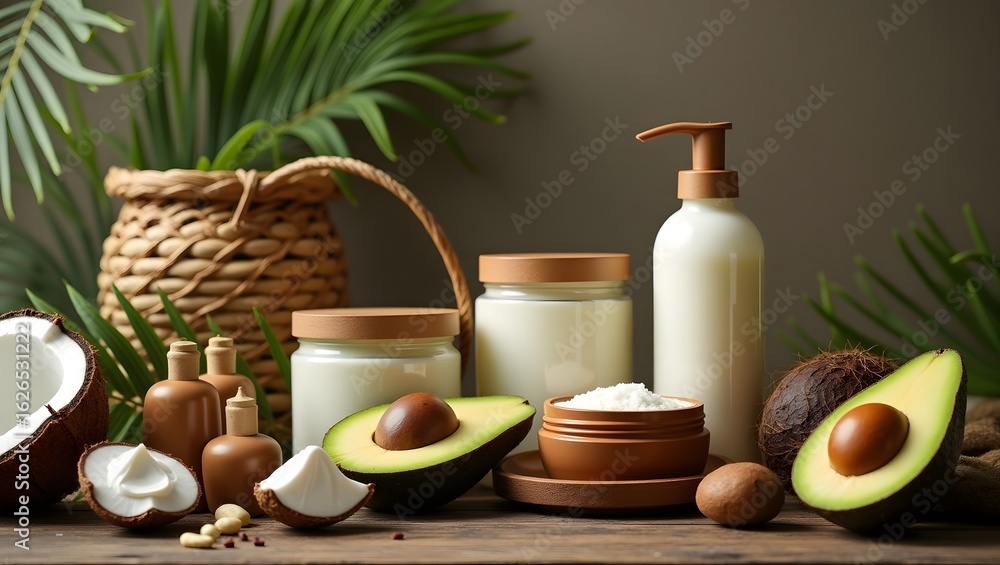 Luxury Spa Products: Coconut, Avocado, and Natural Botanicals on Rustic Wood Luxury Spa Products: Coconut, Avocado, and Natural Botanicals on Rustic Wood