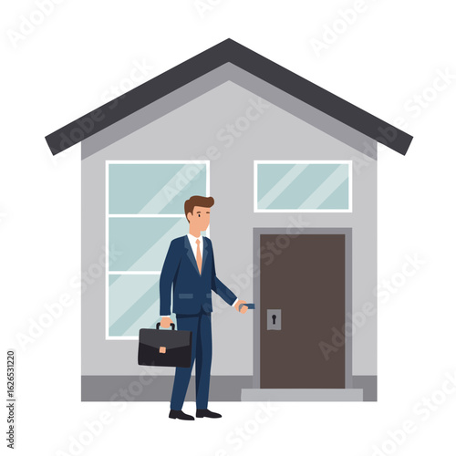 Man locking front door with briefcase in hand