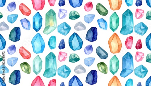 Watercolor Crystals Seamless Pattern: Colorful Gemstones on White Background