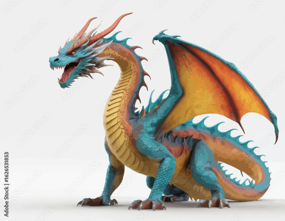 Obraz premium The dragon is depicted in a powerful, four-legged stance, looking to the left with its mouth open in a roar or a snarl, revealing a row of sharp teeth. Its body is a beautiful, textured blue-gray with