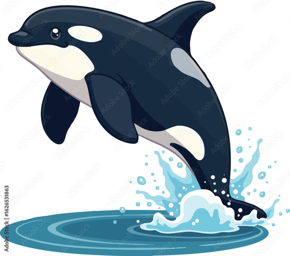 Fototapeta premium Vector silhouette illustration of dolphins jumping out of the blue ocean waves with nature marine life animals and a jumping whale in the water