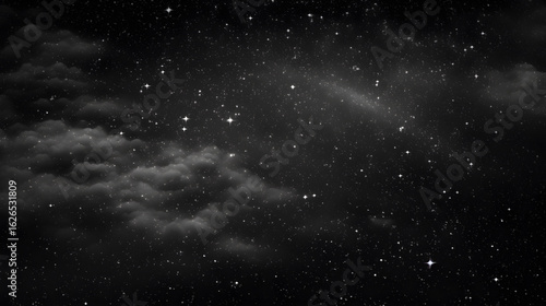 A starry night sky with a large, bright star in the center, surrounded by numerous smaller stars and a few wispy clouds.