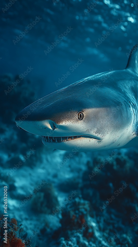 Naklejka premium Side profile of a tiger shark in deep blue ocean water