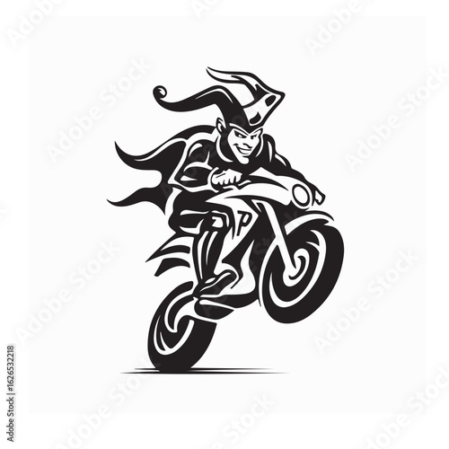 Jester Riding Motorcycle Performing Stunt Logo Vector Funny Character Illustration