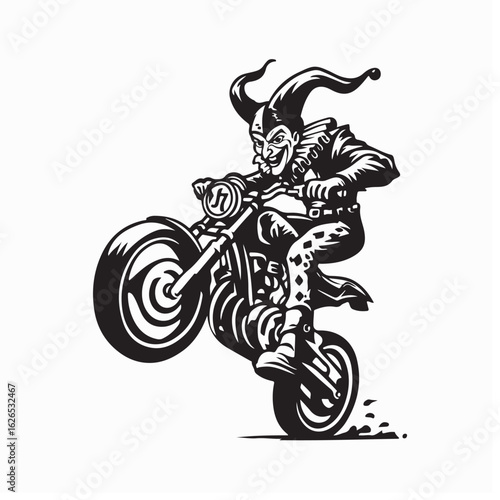 Jester Riding Motorcycle Performing Stunt Logo Vector Funny Character Illustration