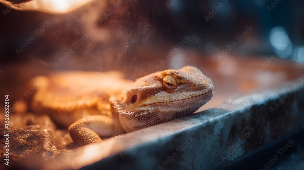 Fototapeta premium Bearded dragon under heat lamp in terrarium