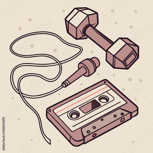 Isometric illustration showing a cassette tape microphone dumbbell and cord on a speckled background