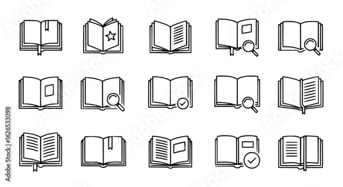 Assorted linear book icons symbolize knowledge and education.