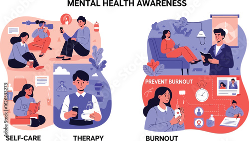 Mental health awareness with self care therapy and burnout prevention illustrated in cartoon style image