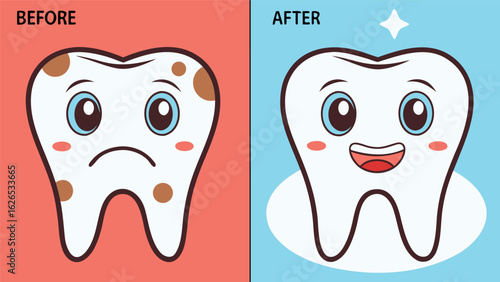 Cute tooth illustration showing before and after dental cleaning with facial expressions
