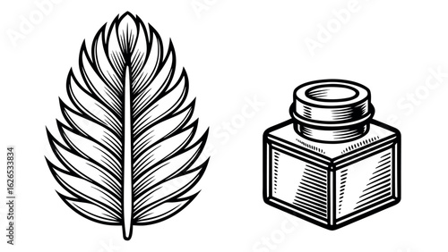 Engraved leaf and ink bottle in vintage black and white hand-drawn style
