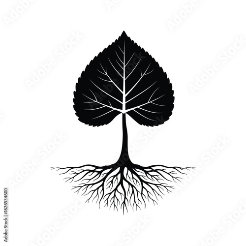 Black silhouette of tree with heartshaped leaf and detailed roots vector illustration nature plant growth