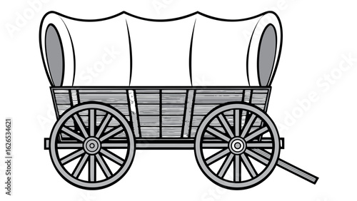 Covered wooden wagon with large wheels in vintage black and white style
