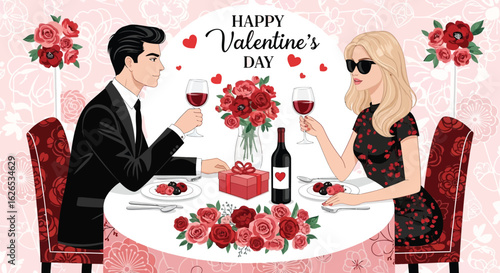 A valentine's day dinner with a couple at a table with wine, roses, and a gift in a romantic setting